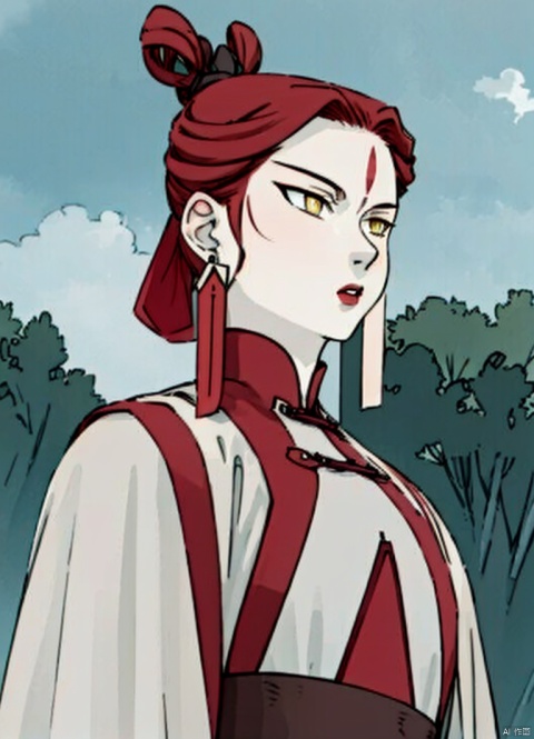  A large chest,Wide chest,1girl, solo, jewelry, yellow eyes, upper body,
red hair, earrings, chinese clothes, forehead mark, outdoors, A large chest
