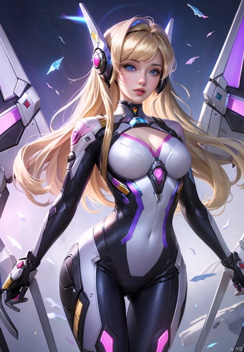 1girl, solo, long hair, breasts, looking at viewer, bangs, blue eyes, blonde hair, medium breasts, cowboy shot, parted lips, wings, official alternate costume, lips, bodysuit, headgear, cleavage cutout, pink lips, nose, mechanical halo, mechanical wings, mercy \(overwatch\)