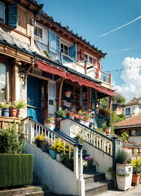 flower, outdoors, sky, day, no humans, window, plant, building, scenery, stairs, door, railing, potted plant, house, flower pot, balcony