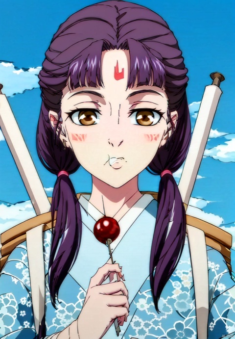 1girl, solo, long hair, looking at viewer, bangs, holding,
Vulcan forehead imprint,Low ponytail,
brown eyes, upper body, purple hair, outdoors, food, japanese clothes, sky, day, cloud, kimono, blue sky, low twintails, facial mark, eating, floral print, holding food, hair over shoulder, :t, forehead mark, forehead jewel, candy apple, houtufeng,