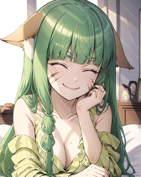 1girl, solo, long hair, breasts, smile, bangs, shirt, animal ears, cleavage, bare shoulders, medium breasts, closed mouth, collarbone, closed eyes, green hair, indoors, blunt bangs, off shoulder, animal ear fluff, bed, ^ ^, scar, facial mark, sunlight, facing viewer, scar on face