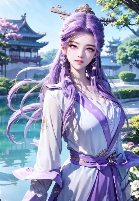 1girl, solo, long hair, hair ornament, long sleeves, dress, purple eyes, upper body, purple hair, outdoors, sky, tree, chinese clothes, purple dress, houtufeng