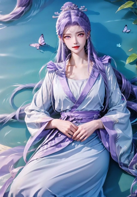 1girl, solo, long hair, looking at viewer, hair ornament, long sleeves, dress, sitting, purple eyes, purple hair, white dress, chinese clothes, bug, butterfly