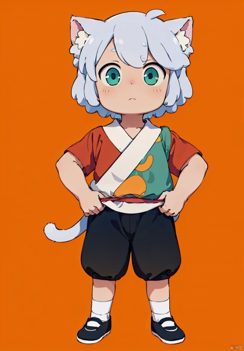 A boy,
solo, looking at vA boyiewer, short hair, simple background, shirt, 1boy, animal ears, green eyes, standing, tail, full body, white hair, short sleeves, male focus, shoes, pants, cat ears, black footwear, cat tail, black pants, child, orange background, cat boy, luoxiaohei