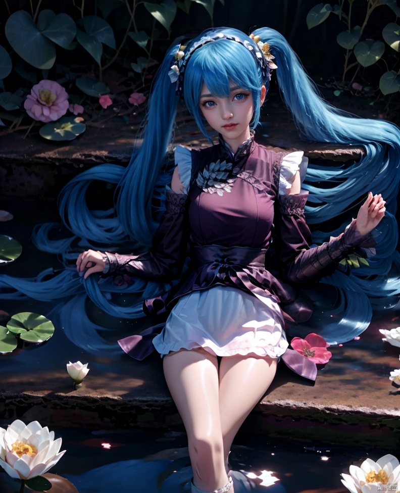 1girl, solo, long hair, breasts, looking at viewer, bangs, blue eyes, skirt, shirt, hair ornament, long sleeves, dress, twintails, medium breasts, sitting, very long hair, closed mouth, blue hair, flower, hairband, frills, detached sleeves, socks, hair flower, water, lips, kneehighs, maid headdress, white skirt, plant, white flower, white socks, soaking feet, ripples, lily pad, hatsune miku, 1girl, houtufeng