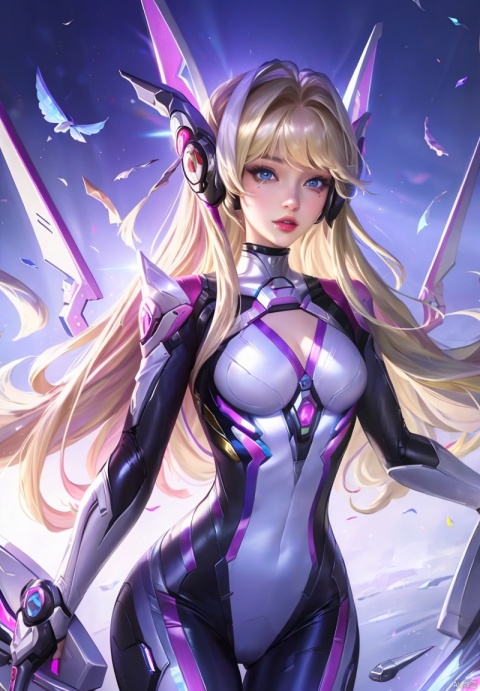 1girl, solo, long hair, breasts, looking at viewer, bangs, blue eyes, blonde hair, medium breasts, cowboy shot, parted lips, wings, official alternate costume, lips, bodysuit, headgear, cleavage cutout, pink lips, nose, mechanical halo, mechanical wings, mercy \(overwatch\)