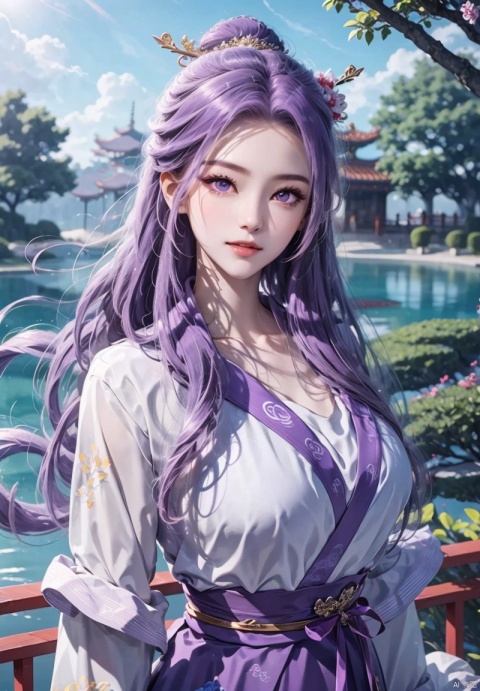1girl, solo, long hair, hair ornament, long sleeves, dress, purple eyes, upper body, purple hair, outdoors, sky, tree, chinese clothes, purple dress