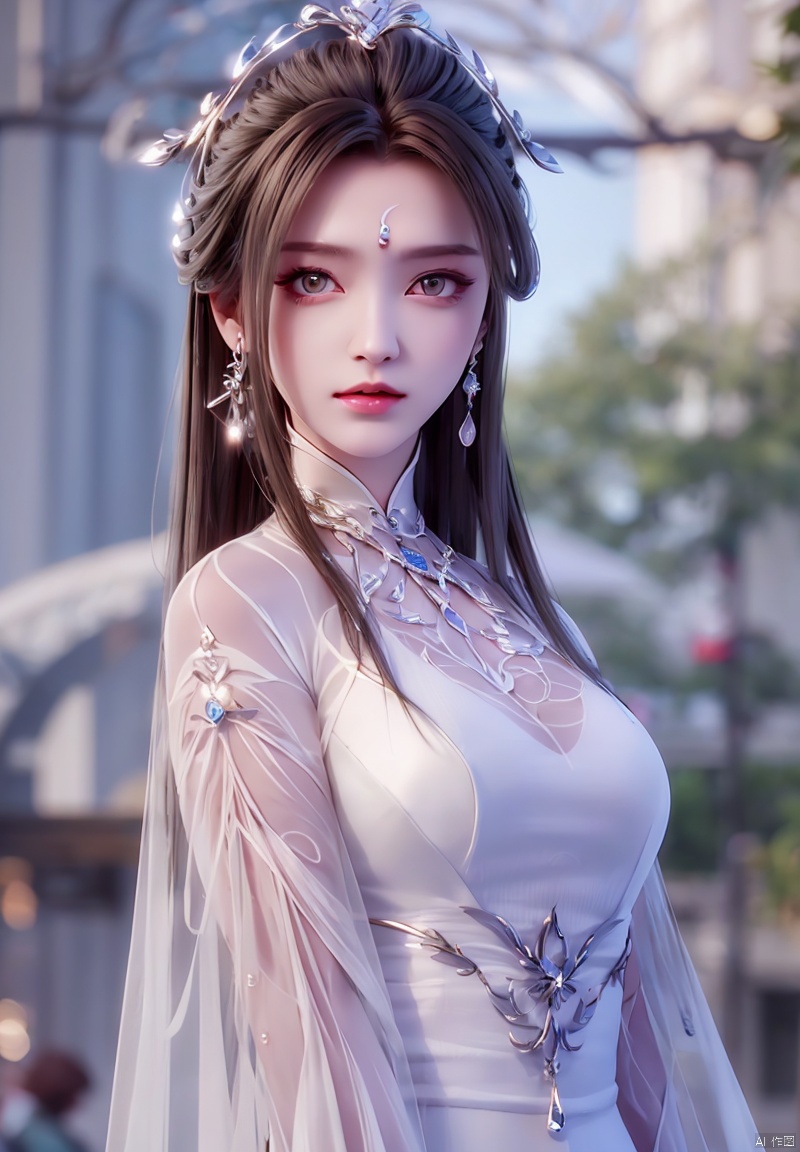 1girl, solo, long hair, looking at viewer, brown hair, hair ornament, dress, jewelry, closed mouth,
, earrings, white dress, blurry, blurry background, the whole body,
expressionless, forehead mark, houtufeng,