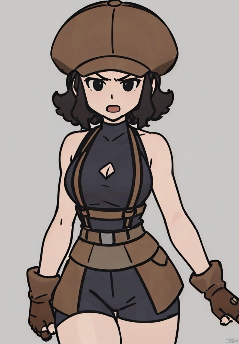 1girl, solo, open mouth, simple background, shirt, black hair, gloves, hat, cowboy shot, shorts,Brown hat,
sleeveless, fingerless gloves, medium hair, grey background, Overall,
A large chest,Wide chest,Cleavage of breast,
black eyes, black shirt, sleeveless shirt,
black shorts, brown gloves, brown headwear