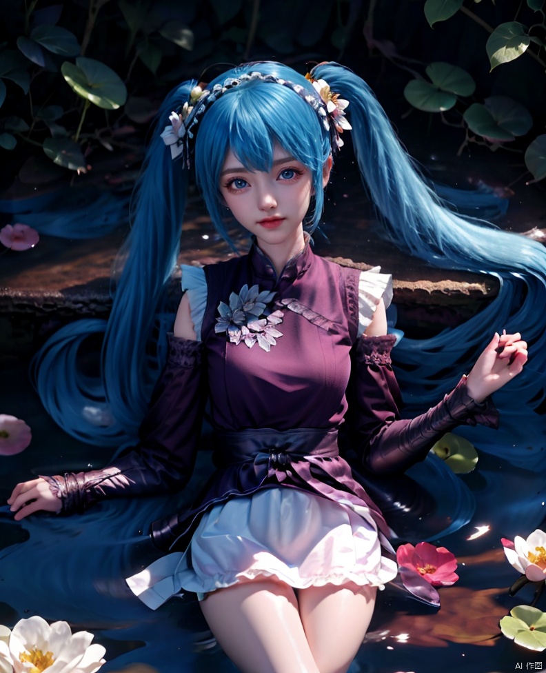 1girl, solo, long hair, breasts, looking at viewer, bangs, blue eyes, skirt, shirt, hair ornament, long sleeves, dress, twintails, medium breasts, sitting, very long hair, closed mouth, blue hair, flower, hairband, frills, detached sleeves, socks, hair flower, water, lips, kneehighs, maid headdress, white skirt, plant, white flower, white socks, soaking feet, ripples, lily pad, hatsune miku, 1girl, houtufeng