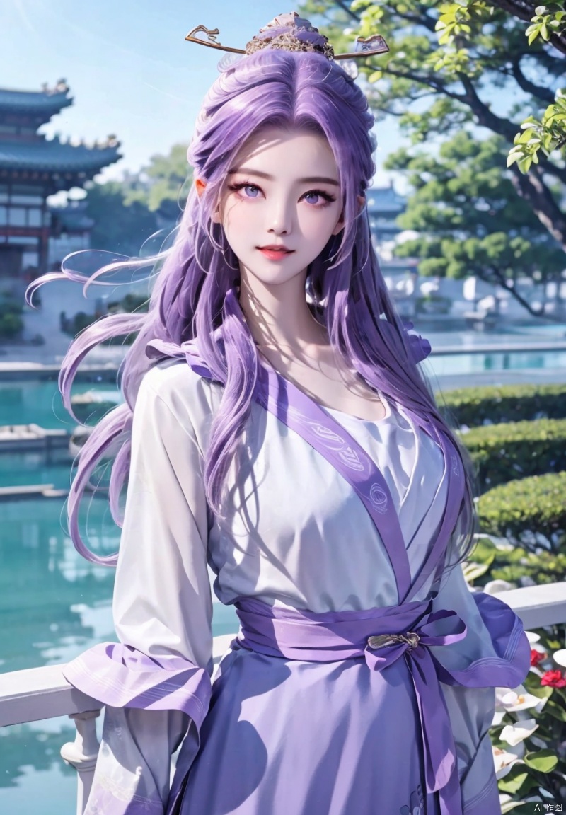 1girl, solo, long hair, hair ornament, long sleeves, dress, purple eyes, upper body, purple hair, outdoors, sky, tree, chinese clothes, purple dress, houtufeng