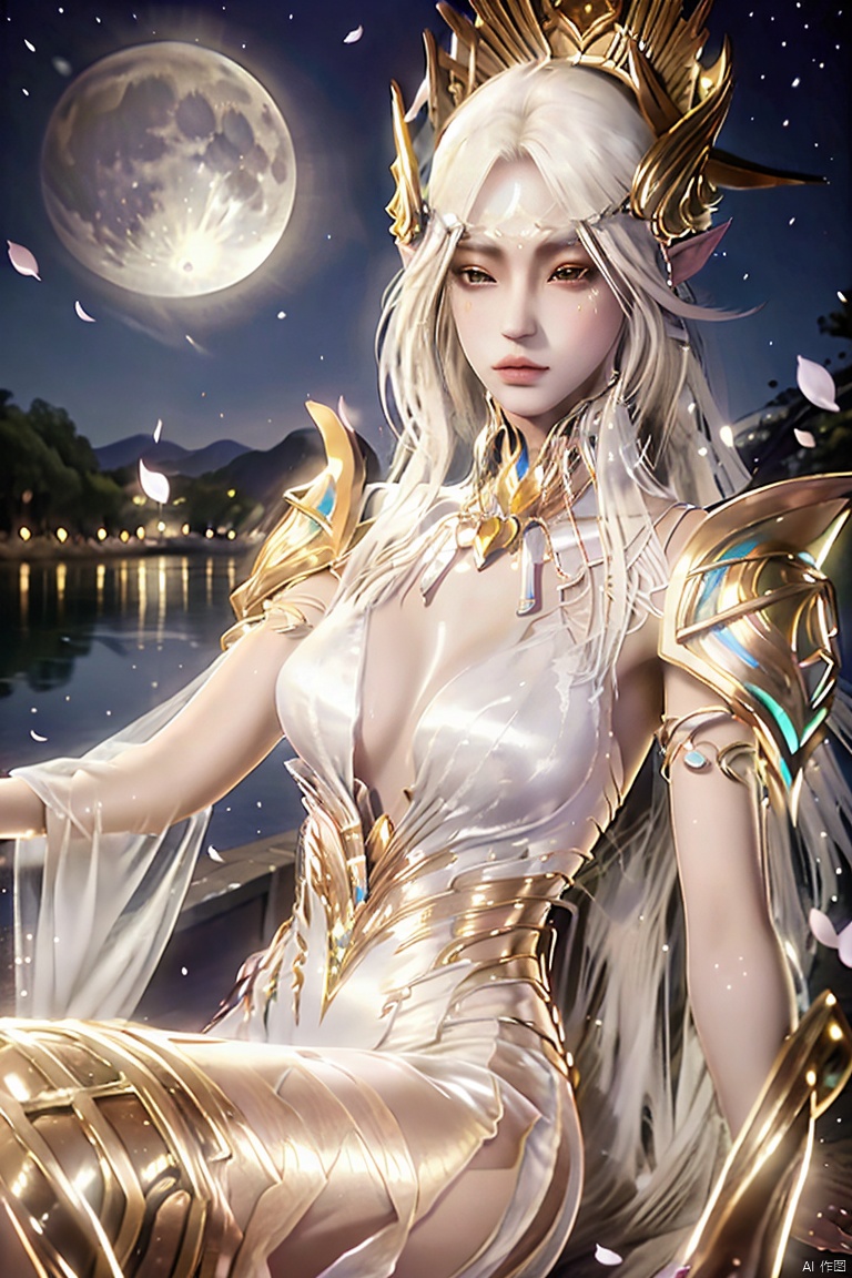  dancing, dress, chinese_clothes, long_sleeves, looking_at_viewer, (scenery, waterfall, (cherry_blossoms), (milfeulle_sakuraba), (petals, falling_petals), full_moon, moon, night, moonlight, night_sky, sky, petals, water, stone),1girl, solo, pointy_ears, blonde_hair, white_hair, long_hair, hair_ornament, jewelry, earrings, elf, cleavage, white_legwear,fingernails,nail_polish, makeup,photo_\(medium\),(8k, RAW photo, best_quality),(masterpiece:1.2),(realistic:1.2), (photorealistic:1.3),(ultra-detailed),(extremely_detailed_cg_8k_wallpaper),(crystal_texture_skin:1.3),(shiny:1.2),(shiny_skin:1.4),(extremely_delicate_and_beautiful),