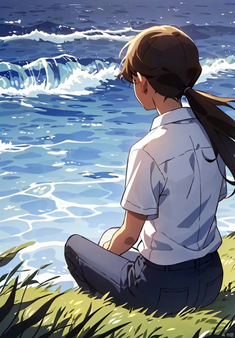 1girl,solo, long hair, brown hair, shirt,

sitting, white shirt, ponytail, male focus, outdoors, pants, water, from behind, ocean, grass, girl