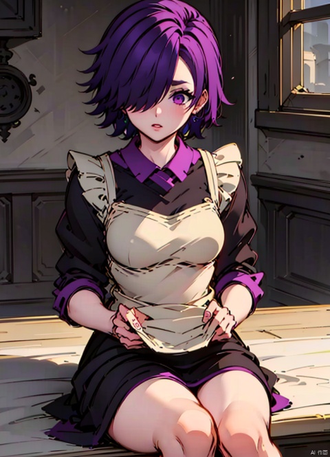 A girl with purple hair, purple eyes, short hair, hair covering one eye, one eye, earrings, maid attire, maid sitting,  1girl,