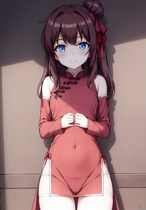 1girl, solo, long hair, breasts, looking at viewer, blush, smile, bangs, blue eyes, brown hair, dress, bow, ribbon, bare shoulders, closed mouth, hair ribbon, heart,
Unilateral ponytail,
A large chest,Wide chest,
Expose black underwear,Exposed underwear,
detached sleeves, hair bun, chinese clothes, single hair bun, pink dress,