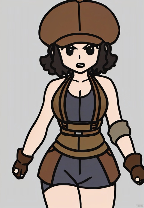 1girl, solo, open mouth, simple background, shirt, black hair, gloves, hat, cowboy shot, shorts,Brown hat,
sleeveless, fingerless gloves, medium hair, grey background, Overall,
A large chest,Wide chest,Cleavage of breast,
black eyes, black shirt, sleeveless shirt,
black shorts, brown gloves, brown headwear