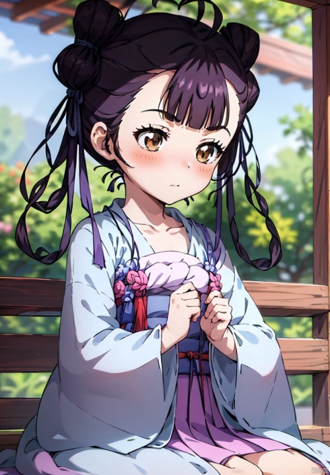 1girl, solo, blush, bangs, brown hair, long sleeves, ribbon, brown eyes, closed mouth, collarbone, ahoge, outdoors, sky, day, wide sleeves, hair bun, blurry, blue sky, looking to the side, double bun, depth of field, blurry background, looking away, chinese clothes, hair rings, hanfu