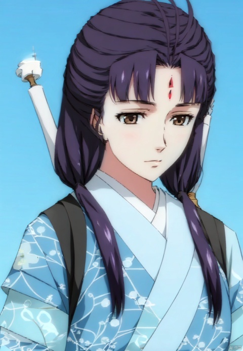 1girl, solo, long hair, brown eyes, upper body, purple hair, japanese clothes, sky, day, cloud, blue sky, ocean, low twintails, facial mark, expressionless, antenna hair, forehead mark,Low ponytail,Mid cut bangs,