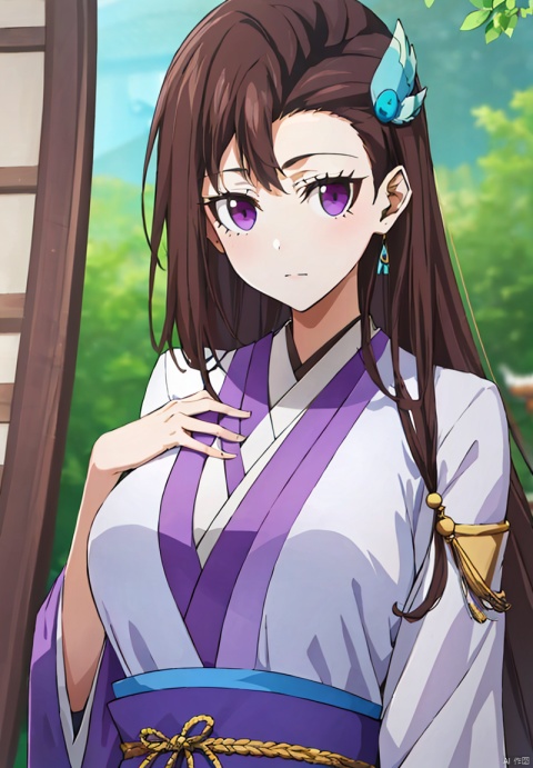 1girl, solo, A young girl,
large chest,large chest,ancient costume,
long hair, simple background, brown hair, hair ornament, purple eyes, upper body, japanese clothes, 1girl
