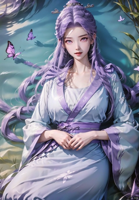 1girl, solo, long hair, looking at viewer, hair ornament, long sleeves, dress, sitting, purple eyes, purple hair, white dress, chinese clothes, bug, butterfly