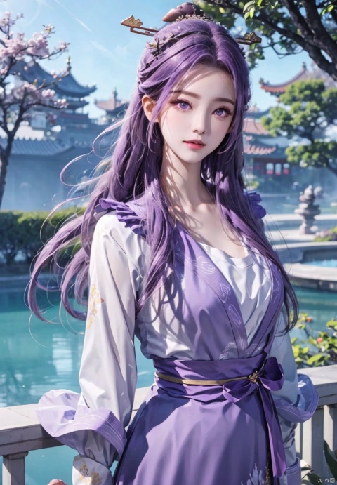 1girl, solo, long hair, hair ornament, long sleeves, dress, purple eyes, upper body, purple hair, outdoors, sky, tree, chinese clothes, purple dress