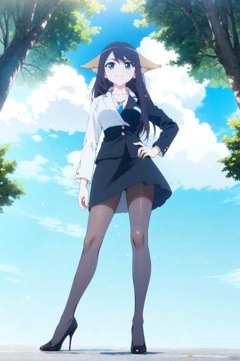  Fisheye perspective, looking from bottom to top, face looking towards the viewer,,1gril, smile,business attire, black suit jacket, white collared shirt, short skirt, pantyhose, high heels, serious expression, outdoor, blue sky and white clouds, trees, plants, focused eyes, high definition, 8k resolution, complex background, light makeup, Shoulder-length straight hair, minimalist jewelry, neat lines and clear details, and a powerful posture, showing a strong aura., hand101, tutututu,black_pantyhose, 1girl,solo,animal ears