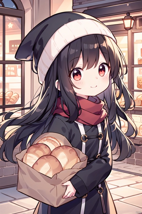 (1girl:0.6),(mature face)aloneness,thin,very long hair,((((black hair)))),(red eyes),small breasts, black coat,white lining,white skirt,red scarf,beanie,closed mouth,(happy),smile,star,(((carrying a paper bag of bread))),winter,street,cityscape, floating snow in window, masterpiece, best quality, official art, extremely detailed CG unity 8k wallpaper, cozy anime, backlight, (wide shot:0.95), Dynamic angle, fanxing, (full body), cozy anime