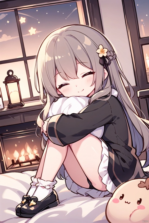 (1girl:0.6), thin, very long hair, grey hair, deep grey hair end, closed eyes, (detailed eyes), small breasts,(black coat), white lining, white skirt, socks, shoes, closed mouth, (happy), smile,star hairpin,Bow head,sitting in bed,hugging Pillow,sleeping,{white flower},cityscape in window,pantyhose, fireplace,(dark night),masterpiece, best quality, official art, extremely detailed CG unity 8k wallpaper, cozy anime,backlight, (wide shot:0.95), Dynamic angle, fanxing, (full body), cozy anime,

