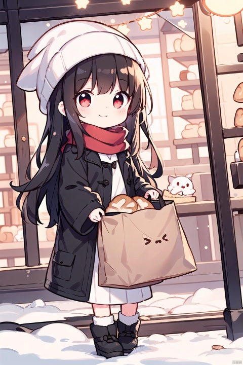 (1girl:0.6),(mature face)aloneness,thin,very long hair,((((black hair)))),(red eyes),small breasts, black coat,white lining,white skirt,red scarf,beanie,closed mouth,(happy),smile,star,(((carrying a paper bag of bread))),winter,street,cityscape, floating snow in window, masterpiece, best quality, official art, extremely detailed CG unity 8k wallpaper, cozy anime, backlight, (wide shot:0.95), Dynamic angle, fanxing, (full body), cozy anime