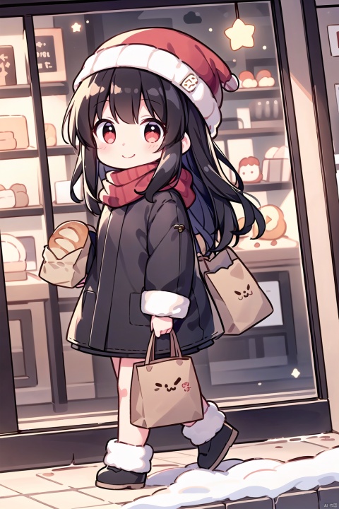  (1girl:0.6),(mature face)aloneness,thin,very long hair,((((black hair)))),(red eyes),small breasts, black coat,white lining,white skirt,red scarf,beanie,closed mouth,(happy),smile,star,walking,(((carrying a paper bag of bread))),winter,street,cityscape, floating snow in window, masterpiece, best quality, official art, extremely detailed CG unity 8k wallpaper, cozy anime, backlight, (wide shot:0.95), Dynamic angle, fanxing, (full body), cozy anime