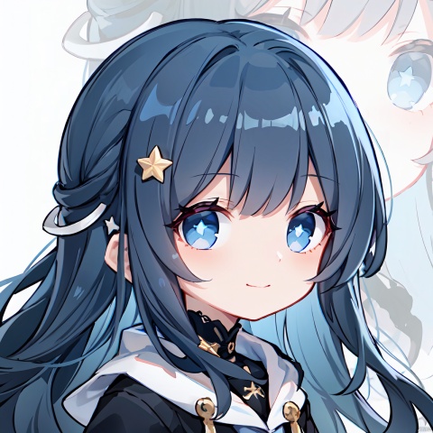 close-up,face focus,1petite loli,(dark blue hair),(dark blue hair),(dark blue hair),(long hair:1.6),(blue eyes),portrait,black coat,white lining ,white skirt,((star hairpin)),star,closed month,happy, smile,chibi,surrealistic, close-up,cutest