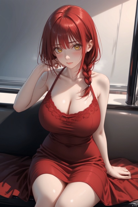 1girl,solo,
Gentle and shy,
sitting,hand_up,
sweat,sweating_profusely,
red_hair,braid,
yellow_eyes,
Clavicle, bare_shoulders,
cleavage,breasts,large_breasts,
dress,red_Transparent _Dress,Lace_dress
