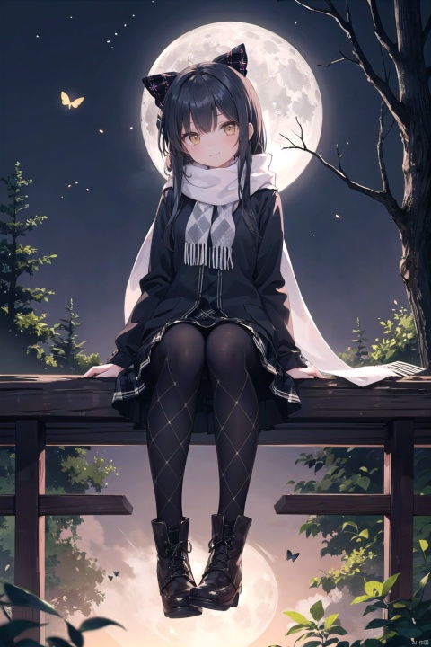 1girl,solo,
sitting,
long hair, black hair, 
yellow eyes,brown eyes, 
pantyhose, scarf, argyle,  smile, hair bow, boots, bow, dress, black pantyhose, argyle legwear, hair ribbon, ribbon,
butterfly, nature, bug, night, forest, tree, moon, full moon, backlight, msn, colors,breath,