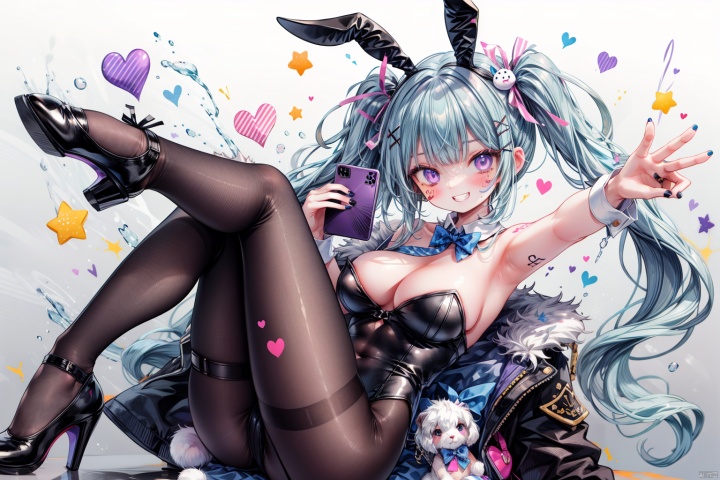  1girl,breasts,animal_ears,rabbit_ears,solo,twintails,playboy_bunny,pantyhose,large_breasts,smile,phone,high_heels,long_hair,hair_ornament,covered_navel,cellphone,leotard,cleavage,between_breasts,holding,bare_shoulders,fake_animal_ears,holding_phone,grin,detached_collar,looking_at_viewer,selfie,blush,x_hair_ornament,blue_hair,tattoo,smartphone,tail,bangs,v,arm_strap,heart,brown_pantyhose,bow,hairclip,ribbon,bowtie,black_leotard,thigh_strap,highleg_leotard,reflection,purple_eyes,armpits,rabbit_tail,very_long_hair,black_footwear,nail_polish,mirror,thighs,facial_mark,purple_footwear,black_nails,highleg,skindentation,necktie,necktie_between_breasts,arm_up,stuffed_bunny,stuffed_toy,facial_tattoo, BJ_Violent_graffiti, flower