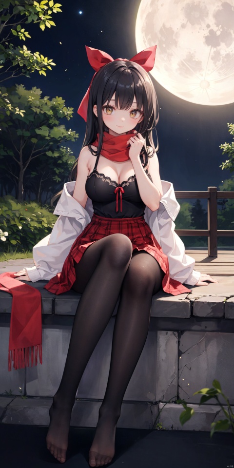  1girl,solo,
Mature women, sagging breasts, large breasts, older women,
sitting,
long hair, black hair, 
yellow eyes,brown eyes, 
Large chest, cleavage, bare shoulders,
pantyhose, scarf, argyle, smile, hair bow, bow, dress, black pantyhose, argyle legwear, hair ribbon, ribbon,
butterfly, nature, bug, night, forest, tree, moon, full moon, backlight, msn, colors,breath,
Not wearing shoes,Not shoes,two legs apart,
High quality, 8K, loli