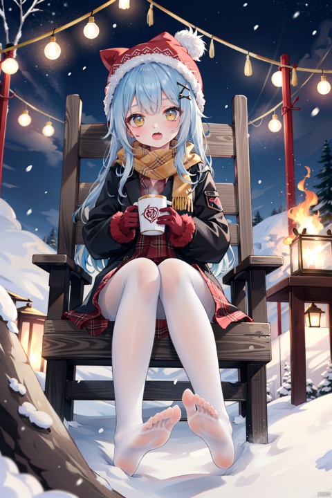  1girl,scarf,feet,no_shoes,white_pantyhose,pantyhose,solo,long_hair,cup,blue_hair,virtual_youtuber,x_hair_ornament,holding_cup,hat,yellow_eyes,fire,hair_ornament,holding,sitting,gloves,soles,blush,brown_gloves,bangs,open_mouth,toes,plaid_scarf,outdoors,long_sleeves,ahoge,very_long_hair,plaid,bare_tree,tree,fang,steam,looking_at_viewer,coat,skin_fang,winter_clothes,winter,brown_jacket,foot_focus,beanie,full_body,snow,brown_coat,blurry,chair,red_scarf,pink_scarf,mug,campfire,legs,night
, loli