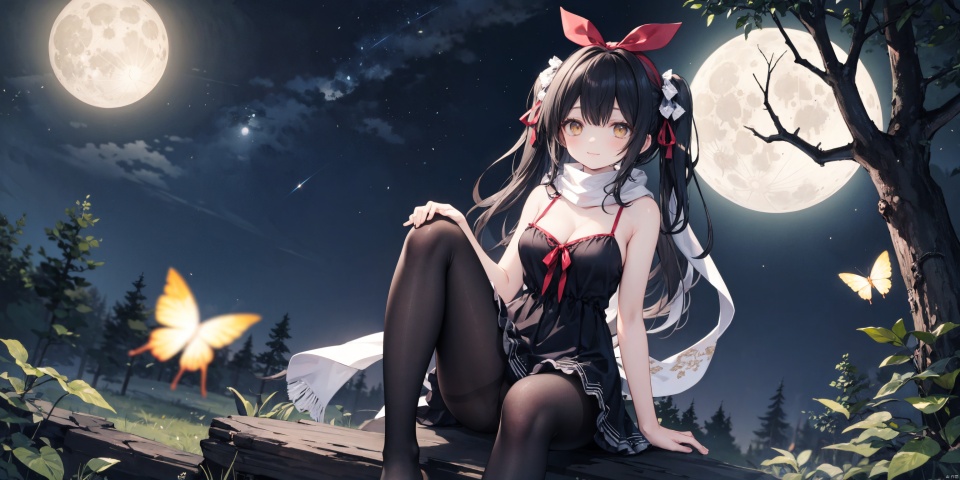  1girl,solo,
sitting,
long hair, black hair, 
yellow eyes,brown eyes, 
Large chest, cleavage, bare shoulders,
pantyhose, scarf, argyle, smile, hair bow, bow, dress, black pantyhose, argyle legwear, hair ribbon, ribbon,
butterfly, nature, bug, night, forest, tree, moon, full moon, backlight, msn, colors,breath,
Not wearing shoes,Not shoes,Spread your legs apart,two legs apart,
High quality, 8K,