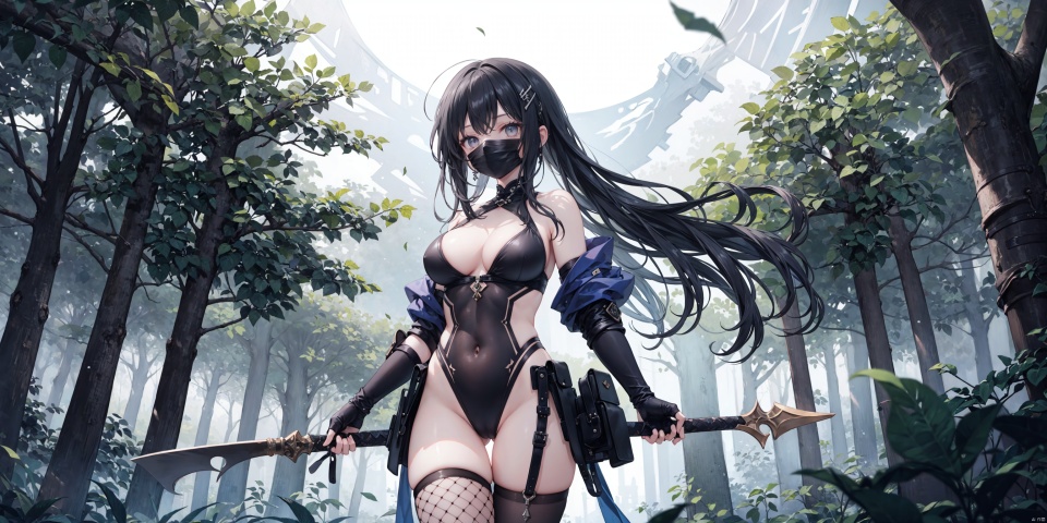 1girl,breasts,solo,mask,black_hair,large_breasts,gloves,ninja,mouth_mask,cleavage,weapon,navel,thighhighs,holding,fingerless_gloves,long_hair,fishnets,dual_wielding,elbow_gloves,bare_shoulders,center_opening,dark-skinned_female,ninja_mask,leotard,abs,revealing_clothes,toned,simple_background,looking_at_viewer,dark_skin,
Night, forest, terrifying trees, leaves, fallen leaves, strong winds, dense clouds, moonlight, assassins,