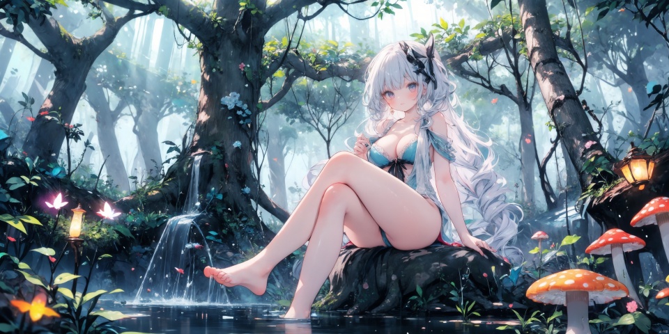 At night, glowing mushrooms, huge mushrooms, starlight, fireflies, fairyland, colorful, foggy, puddles, blue tones, crystal clear, huge forests, huge tree roots,
1 girl, solo, legs crossed, naked,
Bare shoulders, cleavage, large chest, smooth skin, glossy, white legs, bare feet, sitting on tree roots, perfect foot shape, slender fingers, delicate face,Colorful portraits