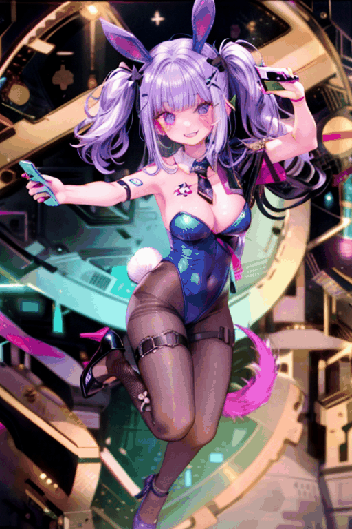  1girl,breasts,animal_ears,rabbit_ears,solo,twintails,playboy_bunny,pantyhose,large_breasts,smile,phone,high_heels,long_hair,hair_ornament,covered_navel,cellphone,leotard,cleavage,between_breasts,holding,bare_shoulders,fake_animal_ears,holding_phone,grin,detached_collar,looking_at_viewer,selfie,blush,x_hair_ornament,blue_hair,tattoo,smartphone,tail,bangs,v,arm_strap,heart,brown_pantyhose,bow,hairclip,ribbon,bowtie,black_leotard,thigh_strap,highleg_leotard,reflection,purple_eyes,armpits,rabbit_tail,very_long_hair,black_footwear,nail_polish,mirror,thighs,facial_mark,purple_footwear,black_nails,highleg,skindentation,necktie,necktie_between_breasts,arm_up,stuffed_bunny,stuffed_toy,facial_tattoo, BJ_Violent_graffiti, flower