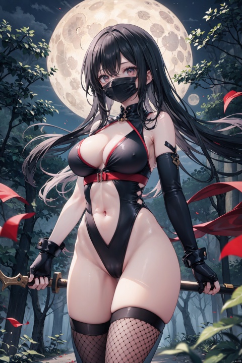 1girl,breasts,solo,mask,black_hair,large_breasts,gloves,ninja,mouth_mask,cleavage,weapon,navel,thighhighs,holding,fingerless_gloves,long_hair,fishnets,dual_wielding,elbow_gloves,bare_shoulders,center_opening,dark-skinned_female,ninja_mask,leotard,abs,revealing_clothes,toned,simple_background,looking_at_viewer,dark_skin,
Night, forest, terrifying trees, leaves, fallen leaves, strong winds, dense clouds, moonlight, assassins,