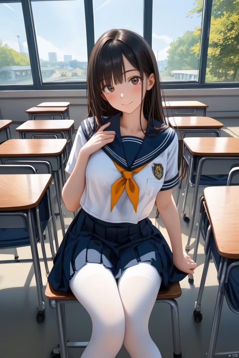  (best quality:1.4), intricate, elegant, highly detailed, digital painting, artstation, smooth, sharp focus, illustration, 1girl, sunshine, , white pantyhose, classroom, on chair, high school uniform, high school uniform skirt, ,white pantyhose,Pantyhose,yuzu,nijistyle,colorful_woman