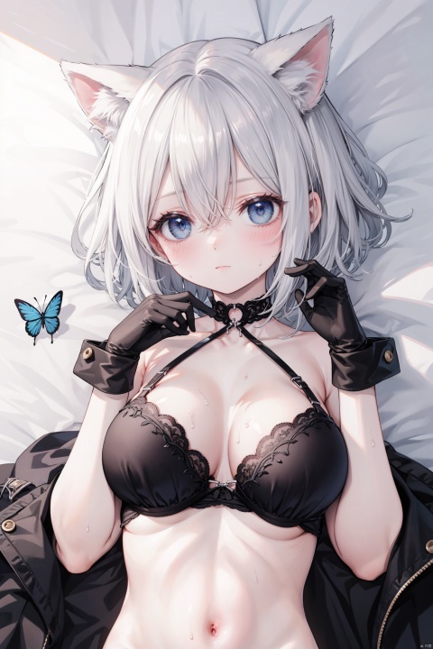 1girl,breasts,animal_ears,blue_eyes,gloves,blush,elbow_gloves,on_back,lying,large_breasts,white_hair,bug,hair_between_eyes,short_hair,cat_ears,upper_body,solo,closed_mouth,black_gloves,bangs,breasts_apart,bare_shoulders,bra,underwear,sweat,cuffs