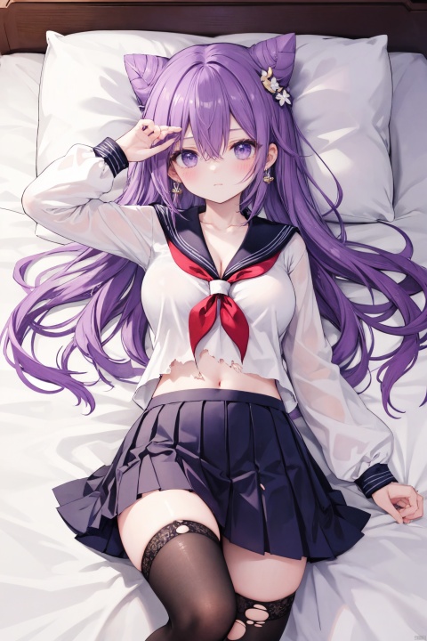 keqing_(genshin_impact),1girl,breasts,skirt,cone_hair_bun,thighhighs,solo,hair_bun,cleavage,long_hair,torn_clothes,purple_hair,torn_thighhighs,on_back,lying,looking_at_viewer,school_uniform,black_thighhighs,large_breasts,shirt,long_sleeves,purple_eyes,black_skirt,hair_ornament,serafuku,pillow,blush,closed_mouth,white_shirt,on_bed,pleated_skirt,bangs,double_bun,head_on_pillow,earrings,alternate_costume,collarbone,bed_sheet,hair_ears,from_above,sailor_collar,hand_up,black_sailor_collar,jewelry,skindentation,thighs,hair_between_eyes,zettai_ryouiki,torn_shirt,open_clothes