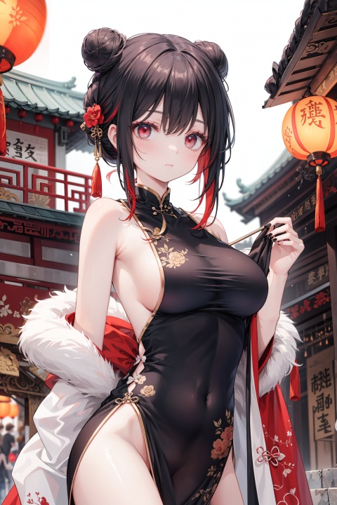 1girl,solo,double_bun,red_eyes,black_hair,hair_bun,breasts,looking_at_viewer,bangs,black_nails,,bare_shoulders,leotard,Large_breasts,upper_body,closed_mouth,chinese_clothes,blunt_bangs,nail_polish,makeup,sideboob,black_leotard,red_hair,multicolored_hair,shiny,china_dress,bare_arms,red_eyeshadow,dress,sleeveless,
Yuanxiao Lantern Festival, Chinese Festival, Lantern Riddles, Lanterns, Kongming Lantern, Snack Street