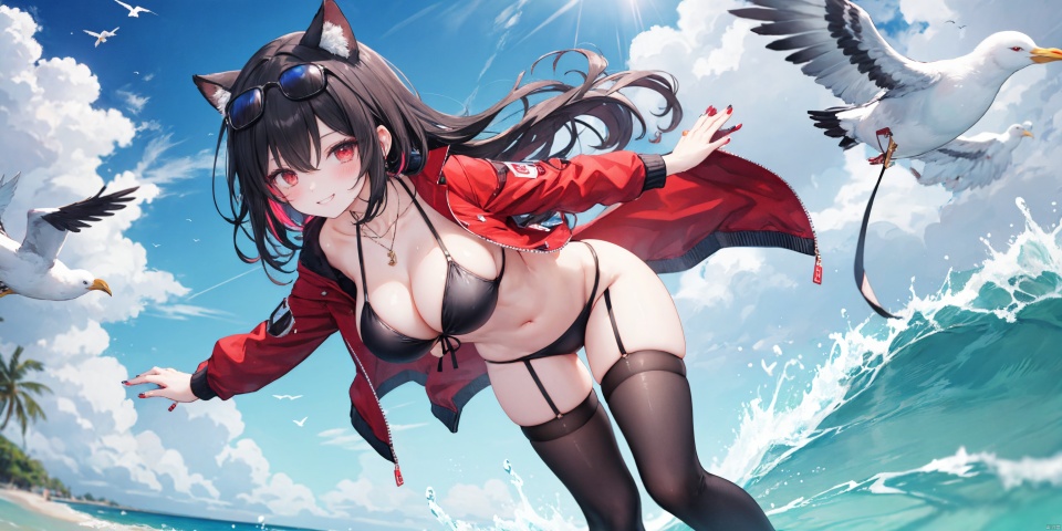 1girl,breasts,swimsuit,bikini,jacket,red_jacket,thighhighs,bird,outdoors,black_hair,solo,animal_ears,large_breasts,black_bikini,navel,smile,red_eyes,looking_at_viewer,black_thighhighs,red_hair,sunglasses,multicolored_hair,cleavage,eyewear_on_head,open_jacket,thigh_strap,bangs,seagull,blush,grin,beach,v,open_clothes,strap_pull,day,skindentation,virtual_youtuber,sky,necklace,bikini_pull,leaning_forward,thighs,water,ocean,thigh_gap,string_bikini,multi-strapped_bikini,jewelry,w,nail_polish,huge_breasts,flower