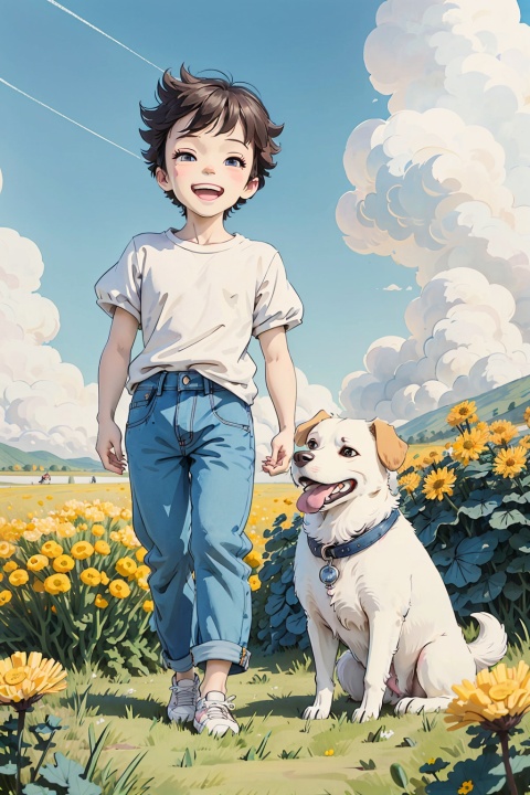 Blue sky and white clouds, a boy about 3 years old, with big eyes, standing in the flowers full of Taraxacum, (the picture shows the whole body of the boy) laughing, white short sleeves, jeans, beside a dog, the distant view reflects the background,full body