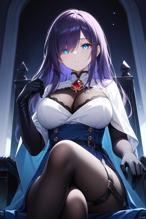  (dark atmosphere), dim, dusky, dark, blurry_foreground,
1girl, solo,
blue eyes, black hair, purple gradient hair, long hair, swept bangs, hair over one eye, large breasts, hair blowing, glowing eyes,
white robe, collared, long sleeves, buttons, blue cloak, black gloves, scarf, cleavage_window, red brooch, pelvic curtain, black pantyhose, thigh_belt, leather, body stocking, lace trim, 
cowboy shot, sitting, half-closed eyes, crossed legs, close-up, from below, hand_raised,
depth of field, throne,
masterpiece,bestquality