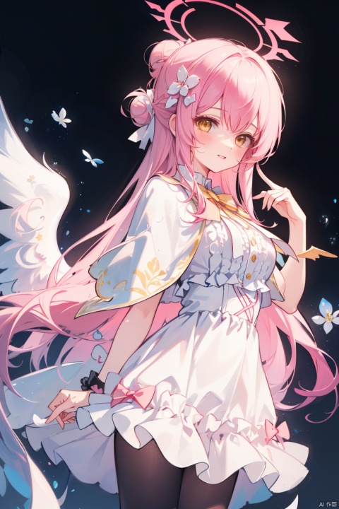  (best quality), (masterpiece),1girl, mika \(blue archive\), halo, solo, wings, pink hair, long hair, white dress, dress, yellow eyes, looking at viewer, hair bun, capelet, hair ornament, white pantyhose, blue bow, breasts, bow, finger to mouth, scrunchie, wrist scrunchie, index finger raised, smile, very long hair, single side bun, white wings, hair flower, feathered wings, frills, frilled dress, parted lips, bangs, low wings, flower, pantyhose, blush, angel wings, white capelet, black background, medium breasts