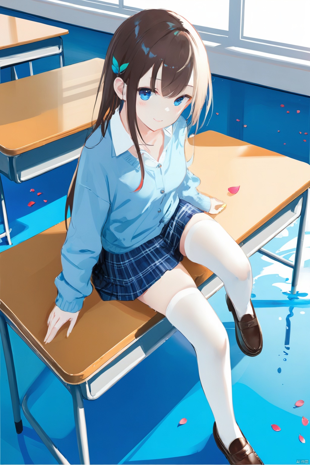 masterpiece,best quality,high quality,(colorful),[Artist toosaka asagi],[[[Artist wlop]]],[Artist chen bin],[Artist omone hokoma agm],Artist hiten (hitenkei),1girl, solo, thighhighs, desk, blue eyes, long hair, sitting, school desk, sitting on desk, on desk, white thighhighs, hair ornament, smile, water, skirt, shoes, school uniform, petals, blush, looking at viewer, zettai ryouiki, collarbone, leaf, classroom, loafers, blonde hair, brown hair, plaid, cardigan, plaid skirt, chair, indoors, ripples